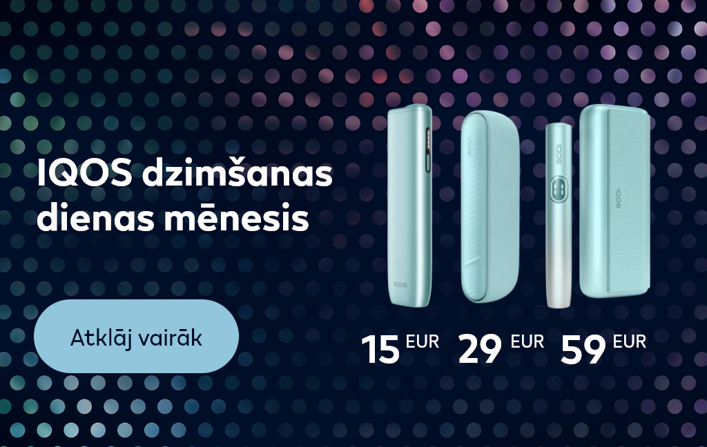 Tumšs fona raksts ar punktiem un tekstu: „IQOS dzimšanas dienas mēnesis”, trīs IQOS ierīces ar cenām: 15 EUR, 29 EUR un 59 EUR, kā arī poga: „Atklāj vairāk”